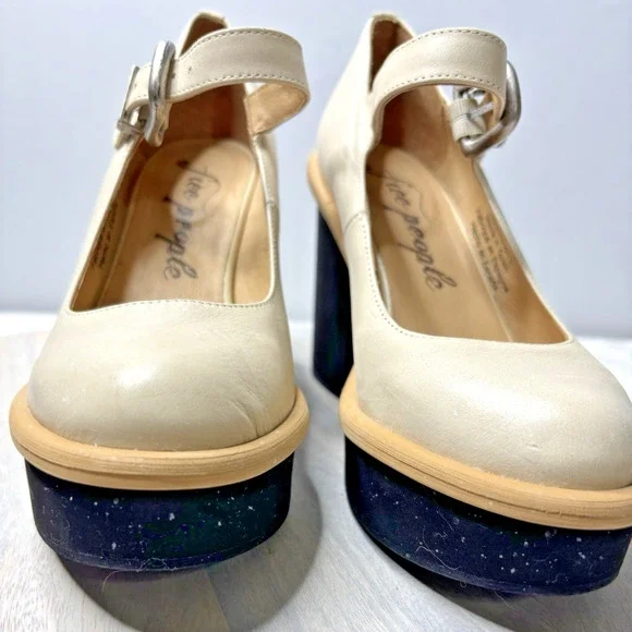 FREE PEOPLE 6.5 MAGGIE MJ PLATFORM IVORY LEATHER HEELS STRAP BUCKLE - Picture 8 of 11